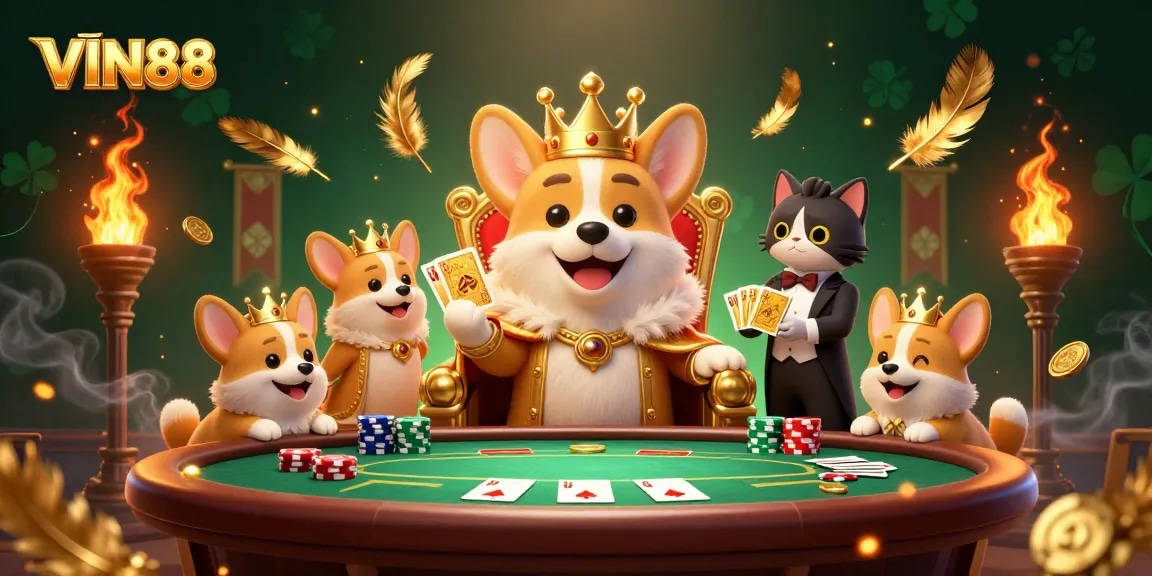 Experience thrilling gaming with VIN88, featuring vibrant poker action and royal charm in a 3D illustration.