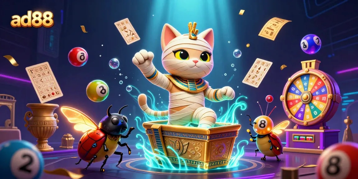 Engage in exciting lottery games at ad88 with a vibrant 3D scene featuring an Egyptian mummy and colorful prizes.