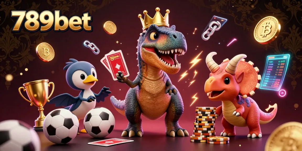 Explore the exciting world of 789bet with a vibrant illustration featuring a T-Rex and friends in a thrilling sports betting scene.