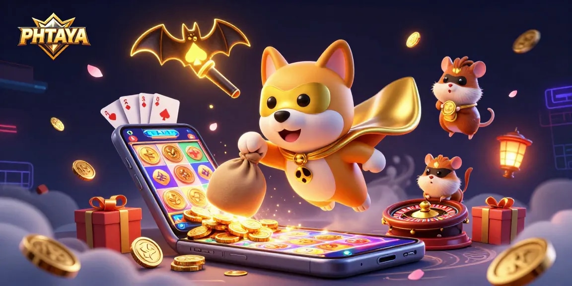 PHTAYA's superhero dog flies with gold coins amidst swirling casino elements, captivating the gaming world.