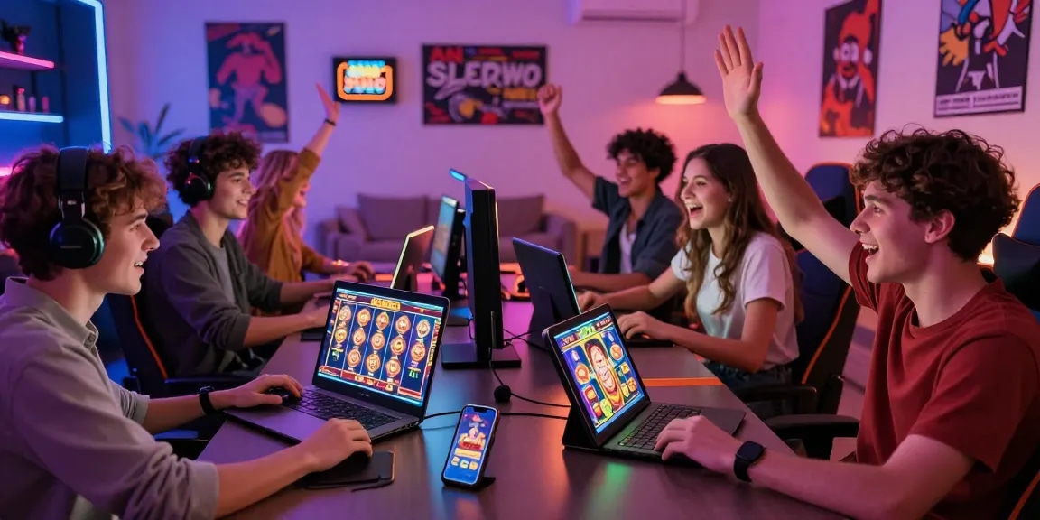 Pengalaman bermain di tahun4d dengan pemain yang bersemangat bermain slot online di ruang gaming modern.