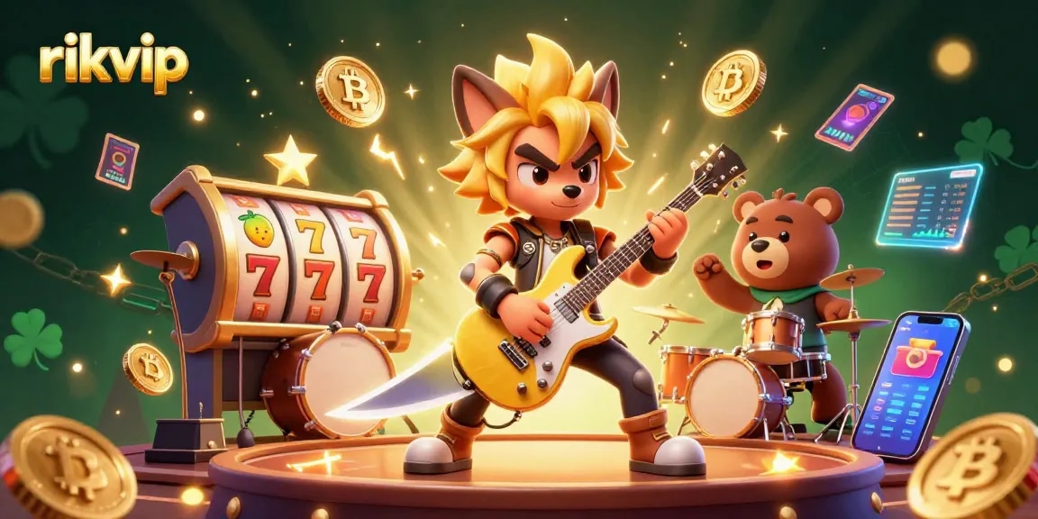 Engage with the thrilling world of rikvip alongside a rock star wolf and a drummer bear in a vibrant casino setting.