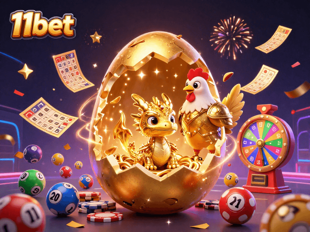 Win big with 11bet in this vibrant 3D illustration showcasing poker chips and lottery elements.