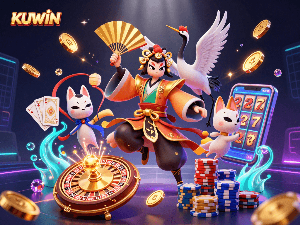 KUWIN invites players to experience dynamic casino action with a kabuki warrior and vibrant game elements.