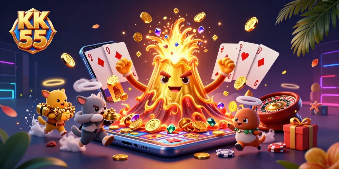 Experience thrilling gameplay with KK 55's vibrant treasure eruption, showcasing jackpot possibilities.