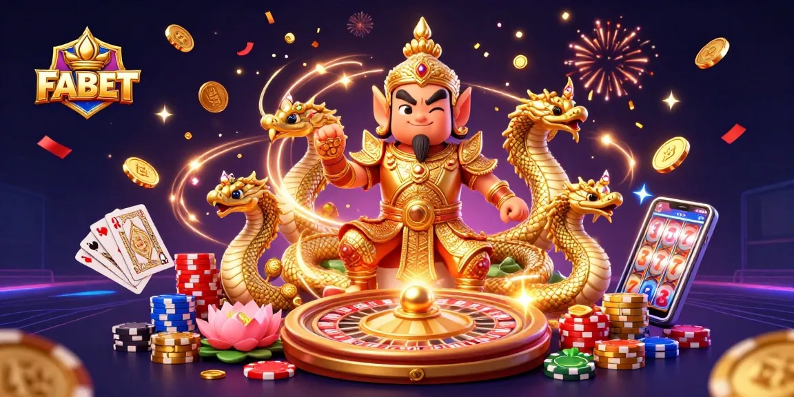 Experience FABET's thrilling gaming world with vibrant 3D casino elements and lively characters.