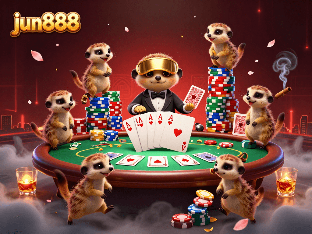 Experience the excitement of jun888’s vibrant casino operation with meerkats at a poker table.