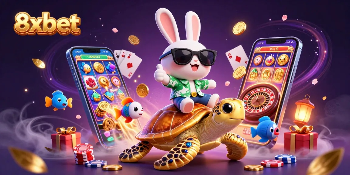 8xbet spins golden coins from a smartphone while a cartoon rabbit rides a turtle in a vibrant casino scene.