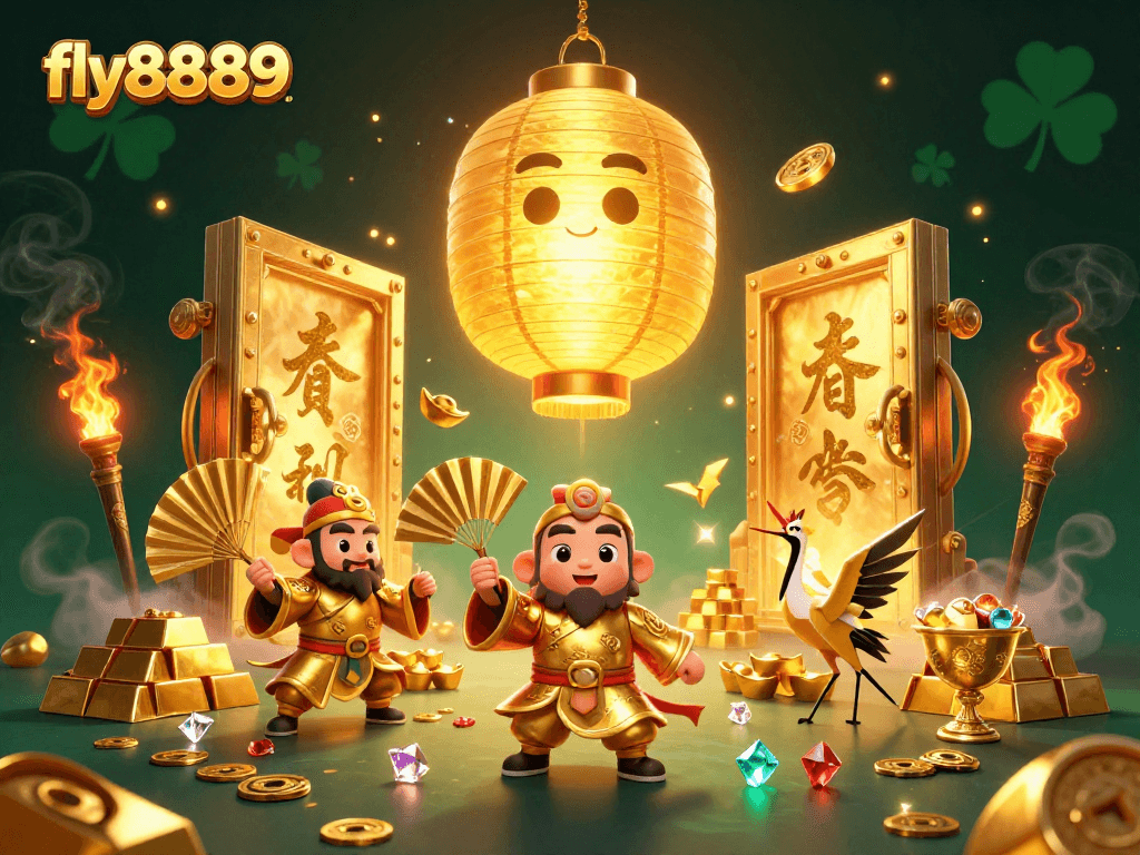Experience the excitement of fly8889 with a vibrant 3D casino scene of lucky symbols and wealth.