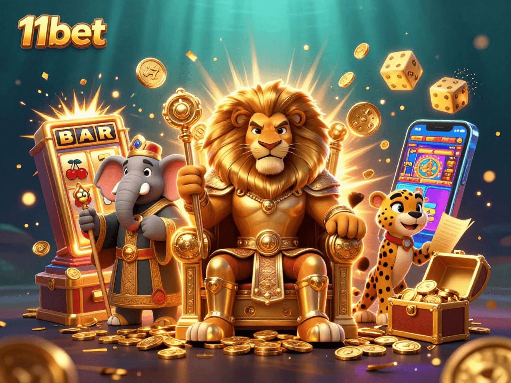 Engage with 11bet in a vibrant, dynamic casino scene filled with characters and gambling elements.