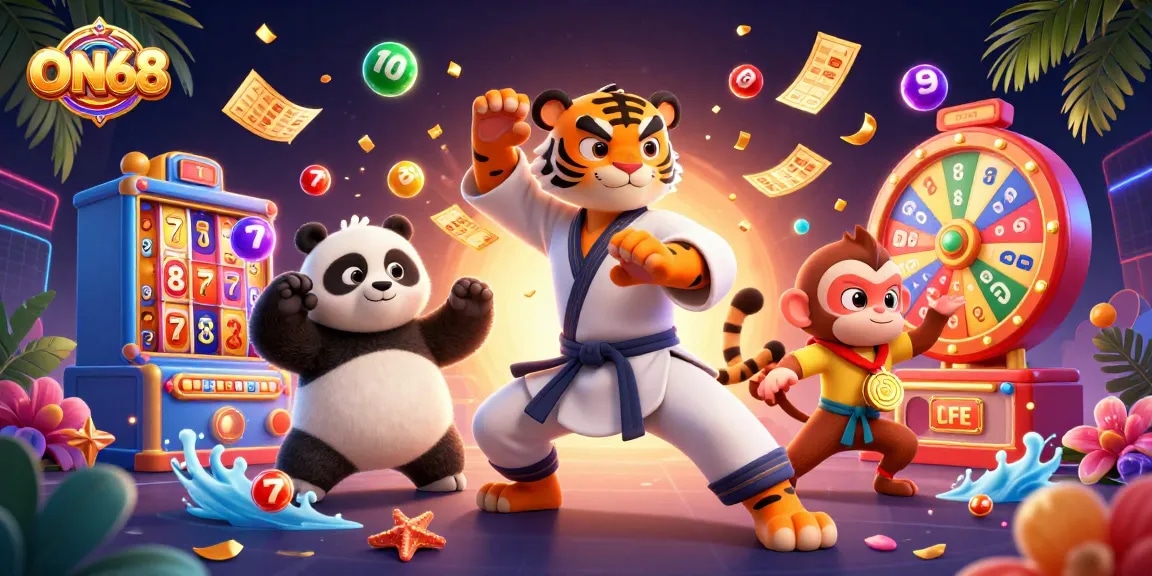 Experience fun with ON68 as a kung fu tiger, panda, and monkey enjoy a vibrant casino scene.