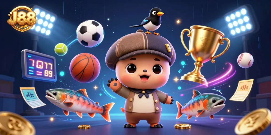Join the exciting gaming world of J88 with engaging elements like trophy cups and betting slips.