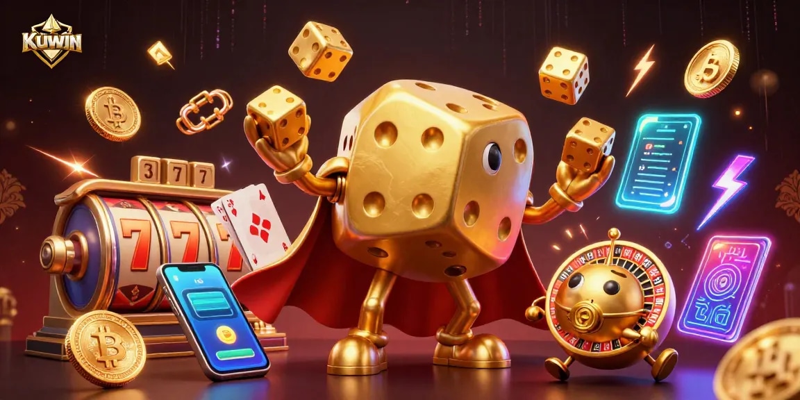 Kuwin presents an exciting casino scene with golden dice and advanced gaming elements showcasing vibrant action.