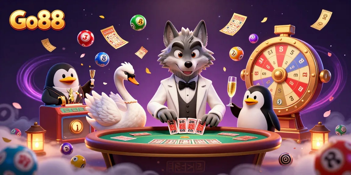 Experience the excitement of Go88 with a lively 3D gambling scene featuring a debonair wolf, elegant swan, and sophisticated penguin.