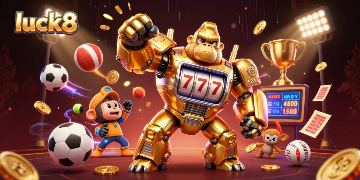 Experience thrilling gaming at luck8 with a dynamic 3D illustration of slots and sports elements.
