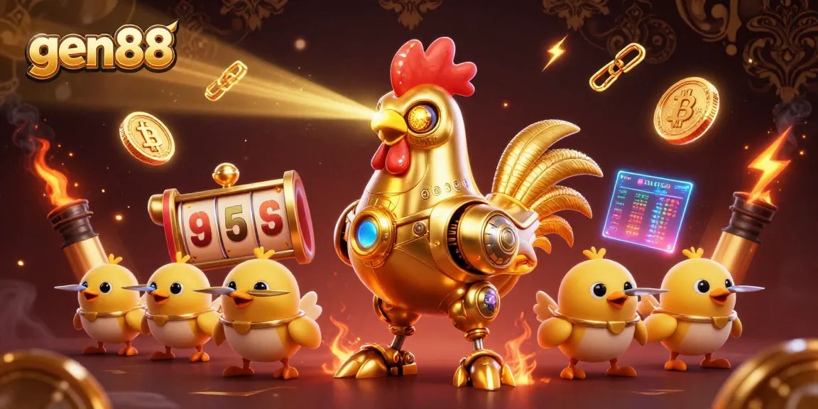 Engage in the exhilarating world of gen88 with a golden rooster robot and baby chick drones surrounded by slot reels and cryptocurrencies.