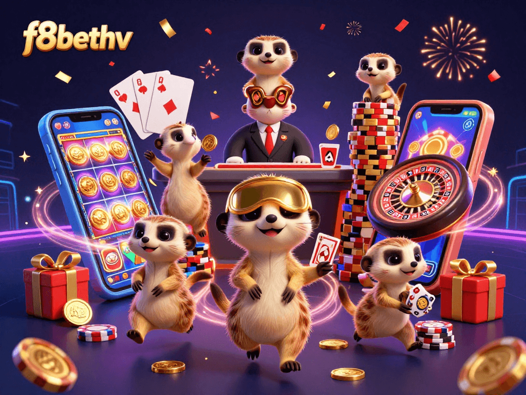 Experience the vibrant energy of f8bethv casino with meerkats managing games and celebrating wins.