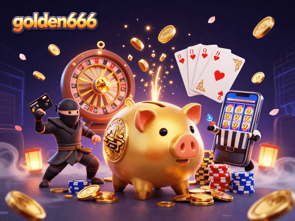 Engage with golden666 as the golden piggy bank sumo wrestler coins and gems burst in a vibrant casino scene.