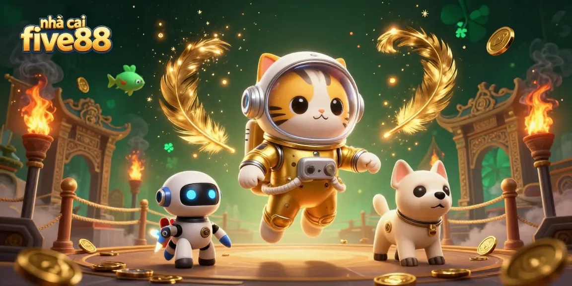 Engage in vibrant adventures at nhà cái five88 with a cosmic 3D illustration showcasing a golden astronaut kitty and thrilling gambling elements.