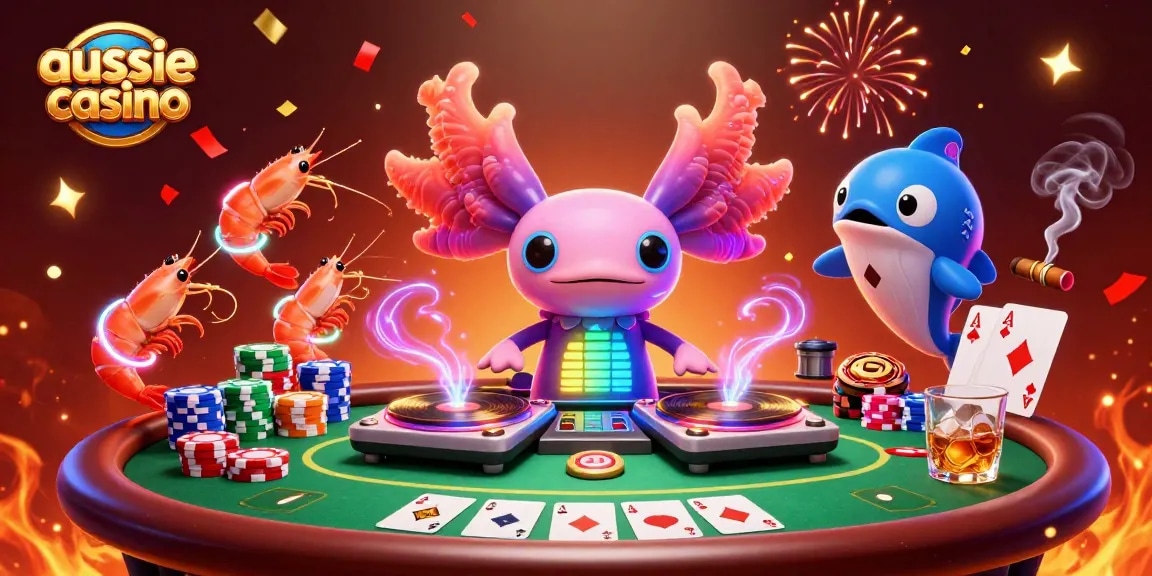 Experience the excitement of aussie casino gaming with colorful characters and poker elements.