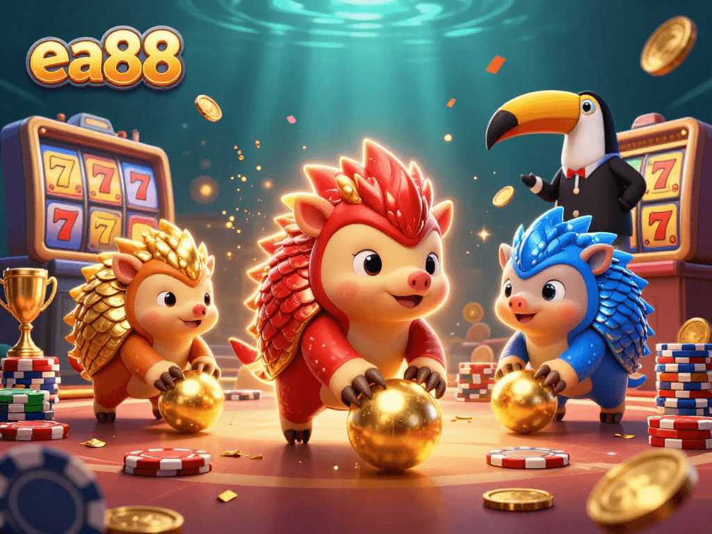 ea88 casino pangolins rolling golden balls through poker chips, showcasing exciting gaming elements.