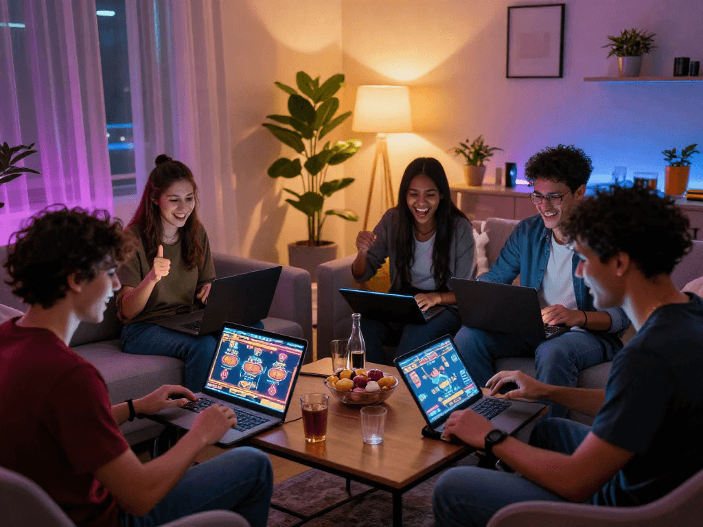 Friends engaged in online gaming at http://oxbet-app.com with vibrant lights and snacks