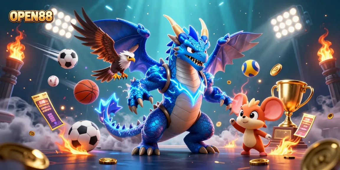 Experience the excitement of OPEN88 with dynamic gaming elements and vibrant characters in a thrilling scene.