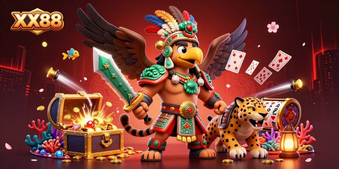 Experience the thrill of XX88 with an exciting 3D illustration of warriors amidst floating slot reels and treasure.