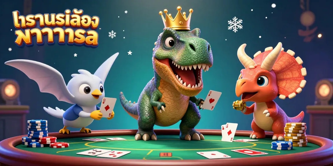Engage in ทดลองเล่นบาคาร่าsa with a fun T-Rex card game scene featuring friendly dinosaurs in a vibrant casino.