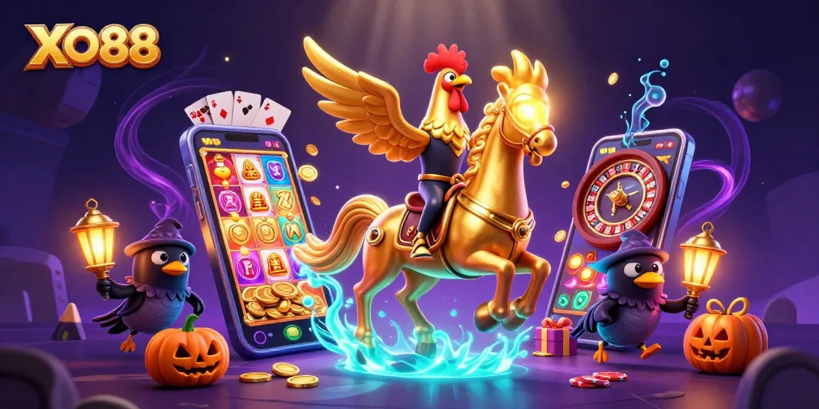Experience thrilling gameplay at XO88, featuring a golden rooster and casino elements in a magical midnight setting.