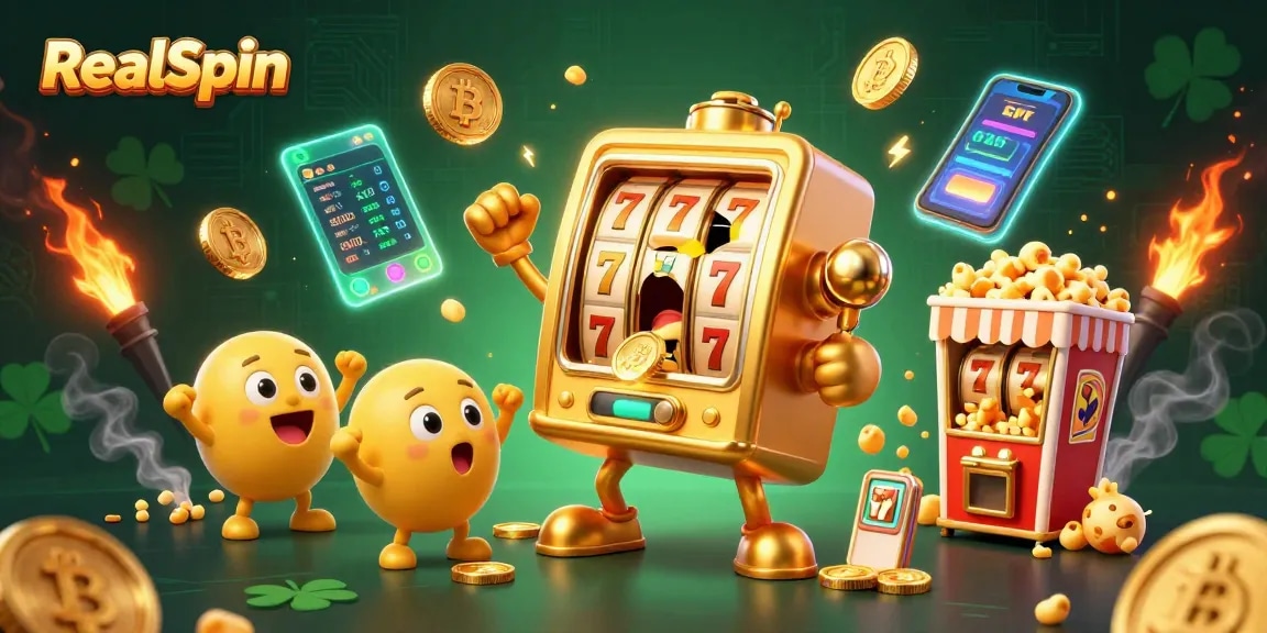 Experience excitement as RealSpin reveals massive jackpots with cheering slot machines in a vibrant casino scene.