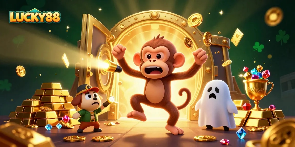 Join LUCKY88 in a captivating haunted casino with juggled treasures by a playful ghost monkey.