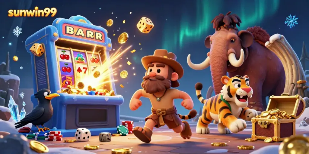 Experience the thrilling atmosphere of sunwin99's prehistoric casino with dynamic gaming elements and colorful characters.