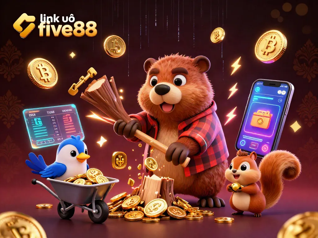 Engage in the exciting world of gambling with link vào five88, showcasing a 3D cartoon beaver and gold coins.