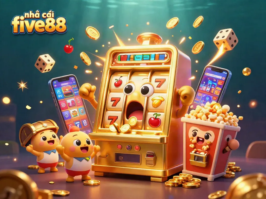 Engaging illustration featuring nhà cái five88, a cartoon slot machine celebrating a jackpot amid vibrant casino elements and light effects.