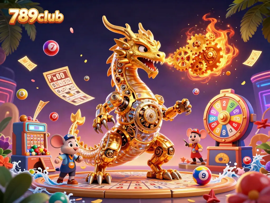 Engage with the excitement of 789club through an illustration of a golden dragon and vibrant casino elements.