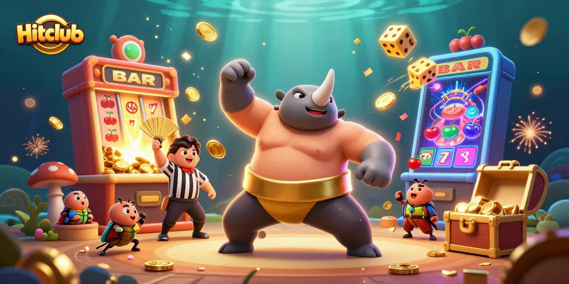 Hitclub's vibrant gaming scene with a beetle champion celebrating a jackpot win amidst dynamic casino elements.