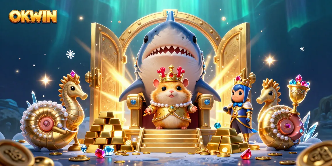 OKWIN promotes an entertaining underwater kingdom featuring a golden hamster king and treasures.