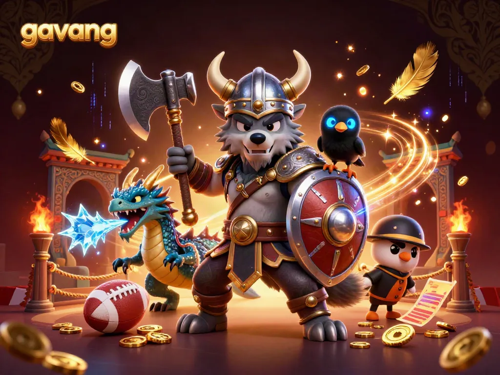 Gavang sports betting illustration with a Viking wolf warrior, dragon, and raven in a dynamic gambling scene.