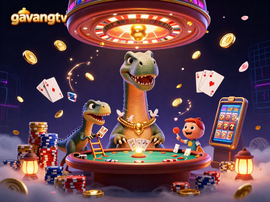 Experience exciting gameplay with gavangtv's vibrant 3D casino scene featuring a dinosaur, cards, and gems.