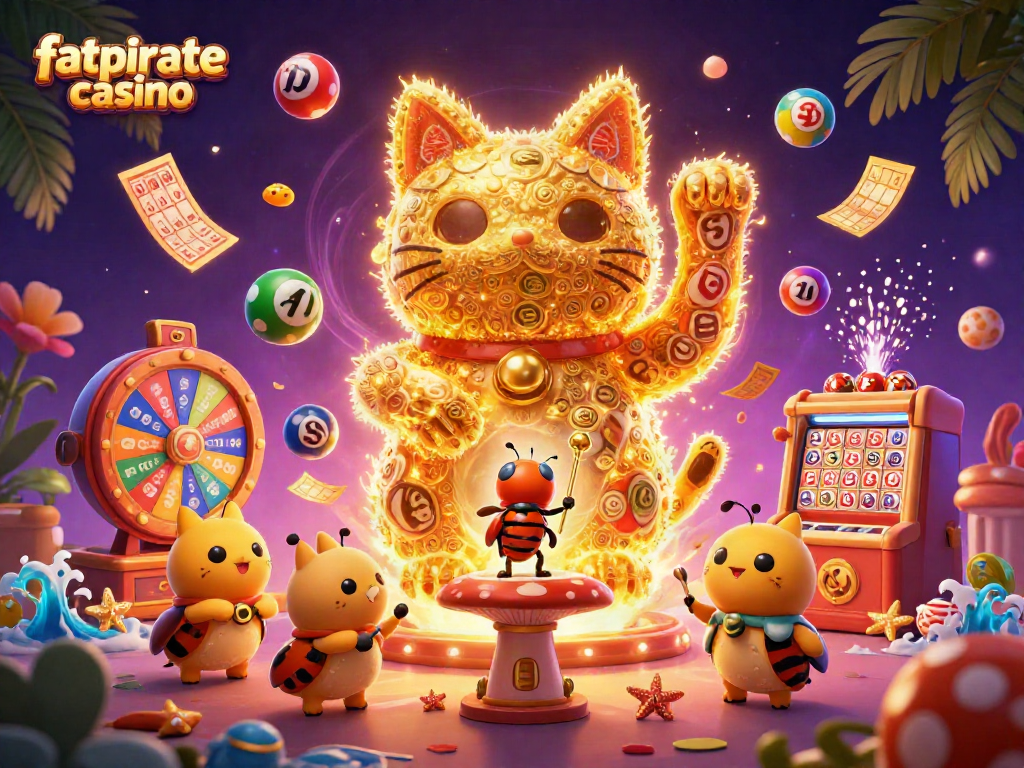 Experience the excitement of fatpirate casino with colorful lottery balls and lively casino symbols.