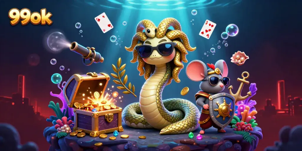 99ok gaming scene featuring Medusa and a warrior mouse amidst colorful casino elements