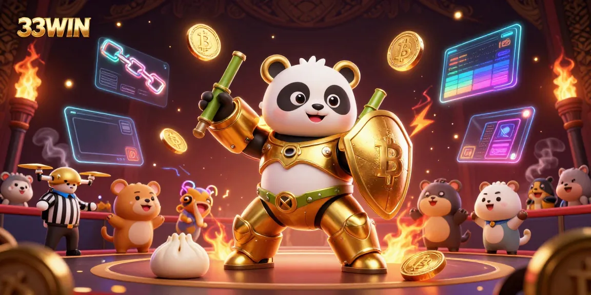 Engage in thrilling gameplay at 33WIN featuring a golden panda robot amidst crypto coins and vibrant casino elements.