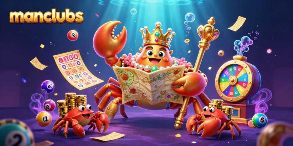 Engage with manclubs in this vibrant 3D scene depicting a crab emperor and dynamic casino elements.