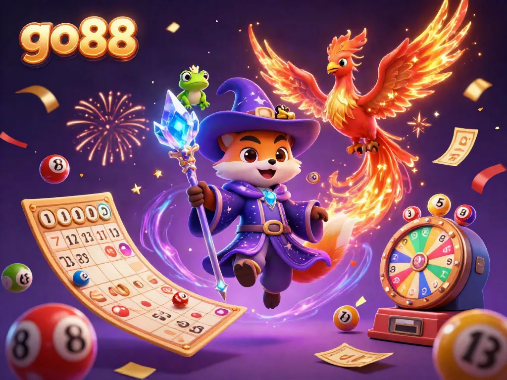 Experience the exciting world of go 88 with magical characters enjoying lottery games and rewards.