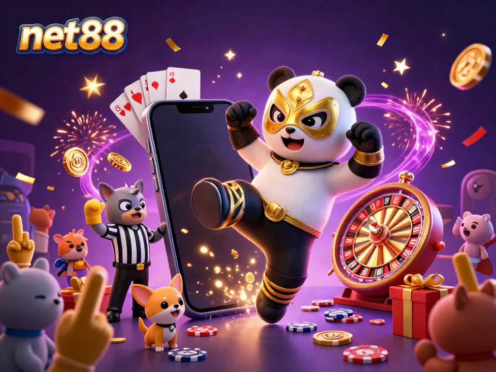 Experience thrilling gaming with net88 as a panda wrestler delivers a flying kick in a vibrant 3D scene.
