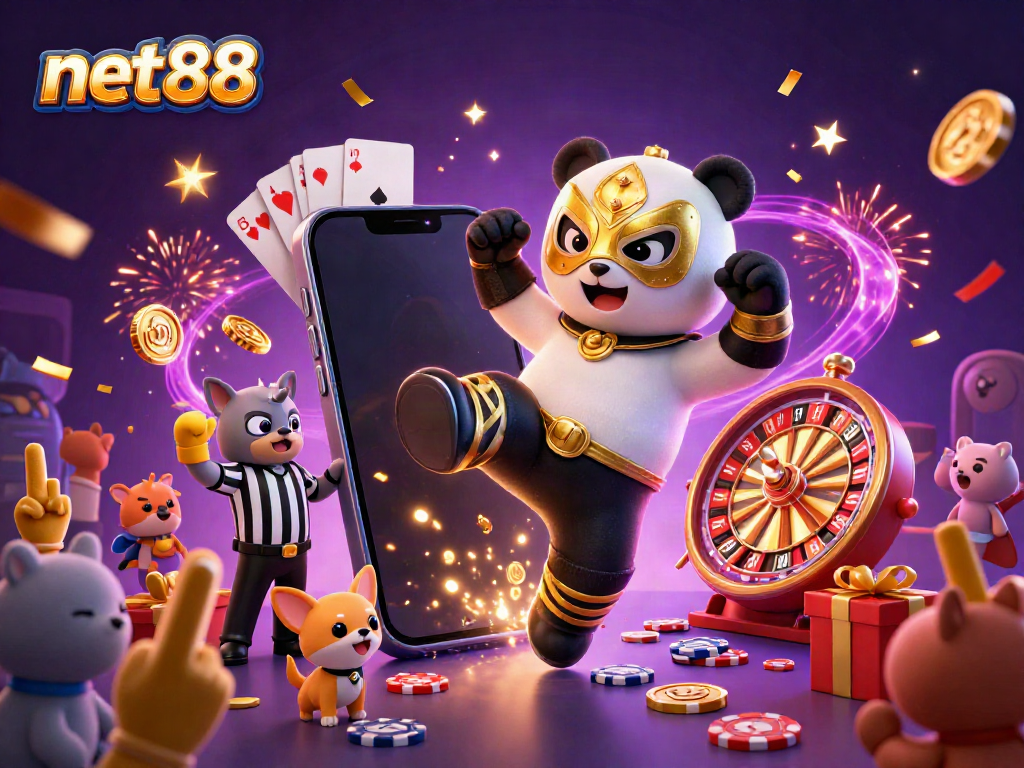 Experience thrilling gaming with net88 as a panda wrestler delivers a flying kick in a vibrant 3D scene.