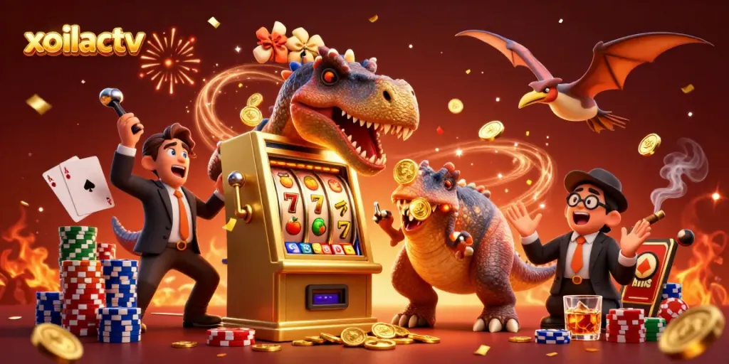 Experience the excitement of xoilactv with a cartoon dinosaur winning on a slot machine.