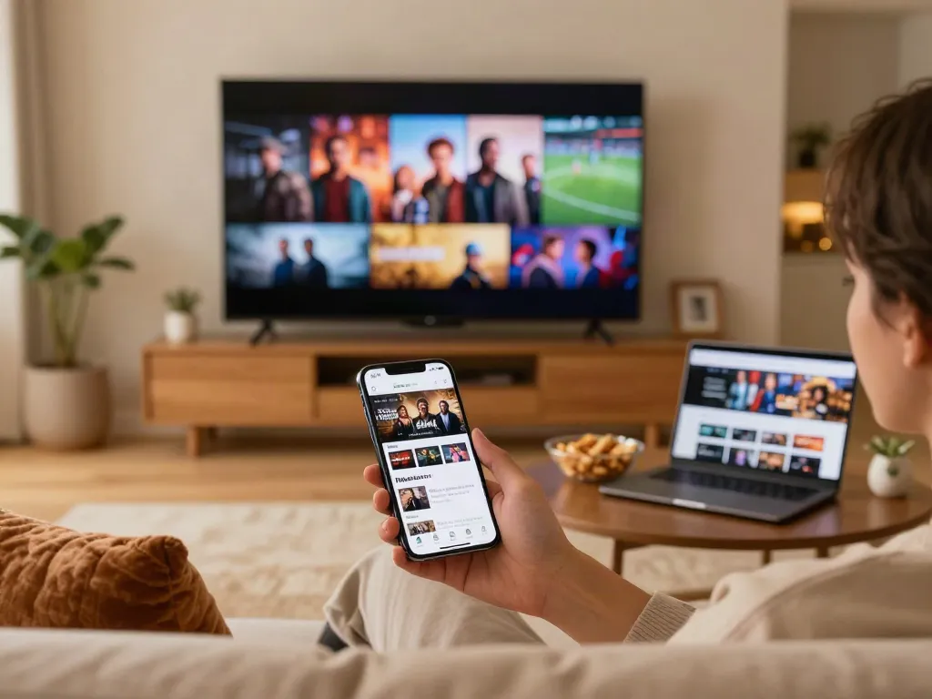 Pikashow for iOS streaming on an iPhone in a cozy living room.
