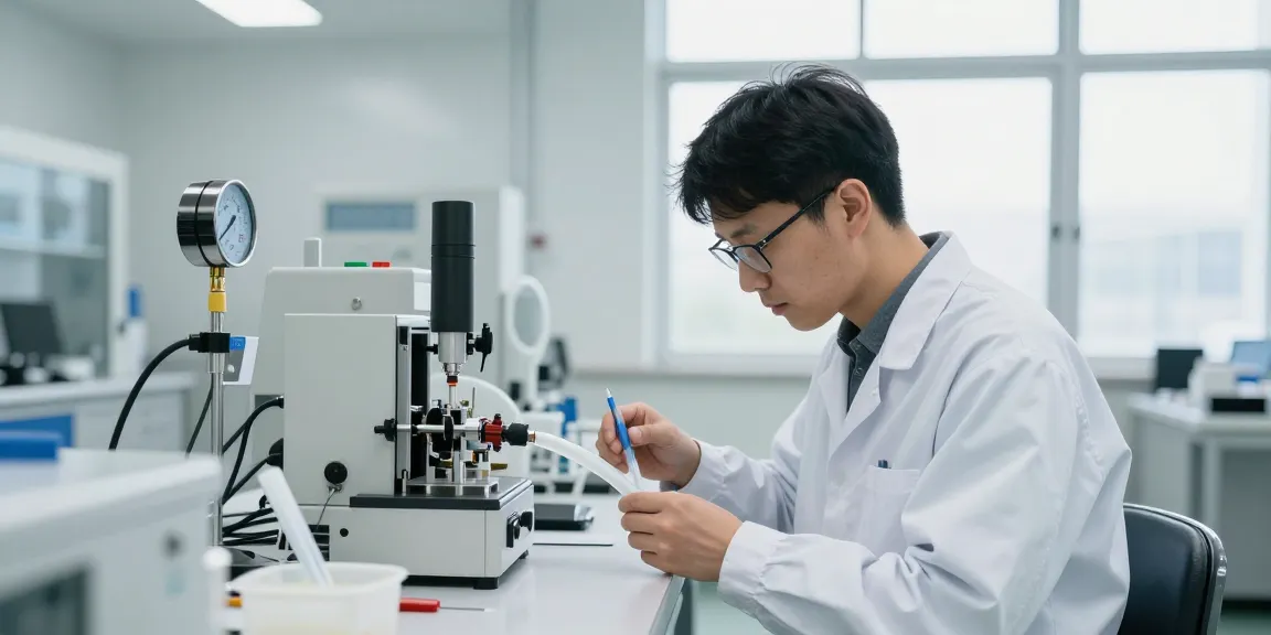 Technicus inspecteert FEP-tubes in een schone ruimte met precisiegereedschap.